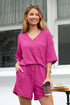 Rose Red Solid Color Waffled V Neck Loose Tee Drawstring Shorts Set