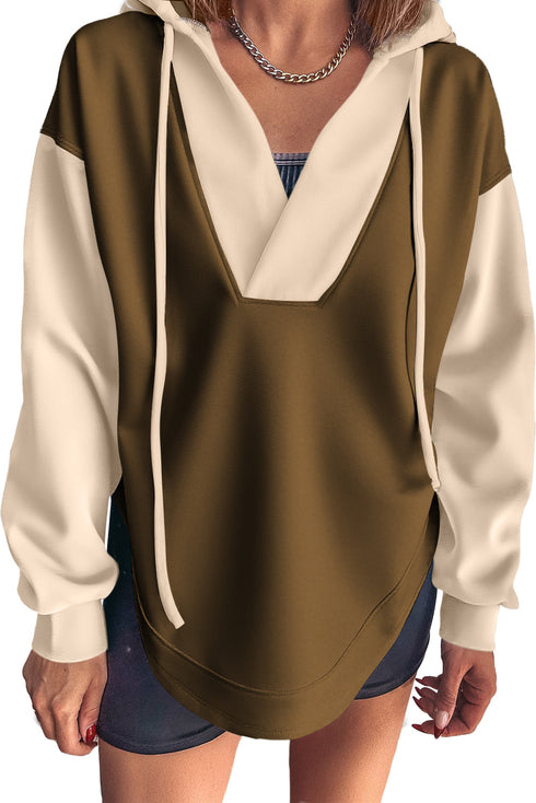 Breen Color Block Patchwork V Neck Drawstring Hoodie
