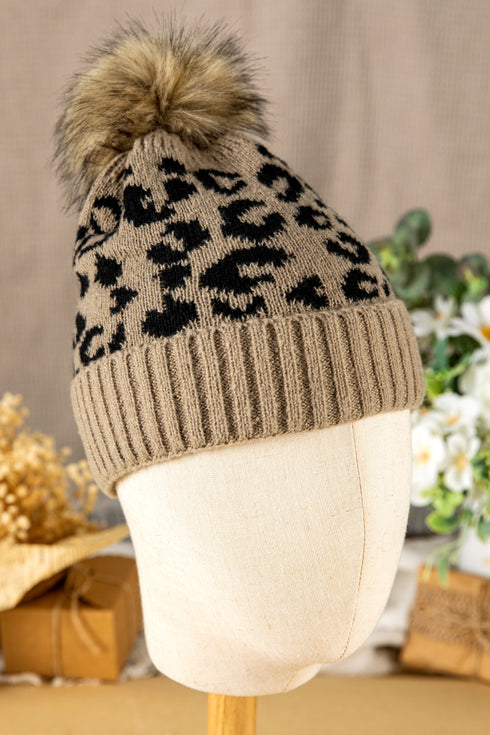 Light French Beige Faux Fur Pompom Leopard Knit Beanie