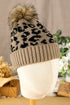 Light French Beige Faux Fur Pompom Leopard Knit Beanie
