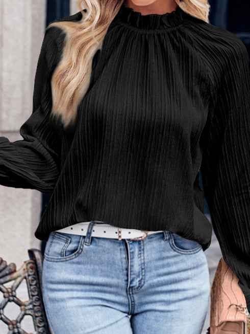 black-frilled-mock-neck-ripple-bubble-sleeve-blouse