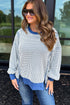 Dark Blue Waffle Knit Exposed Stitching Casual Top with Side Slits