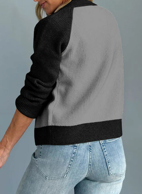 Black Color Block Ribbed Knit Button Down Sweater Cardigan