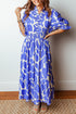 Sky Blue Abstract Print Smocked Waist Puff Half Sleeve Maxi Dress