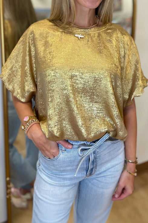 Gold Metallic Short Puff Sleeve Loose Blouse
