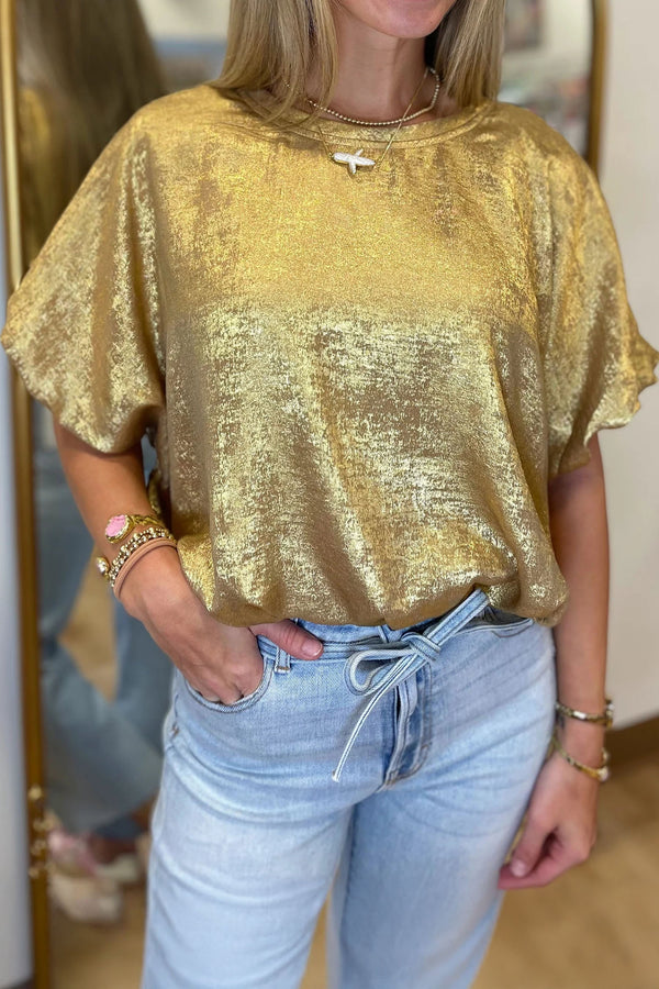 Gold Metallic Short Puff Sleeve Loose Blouse