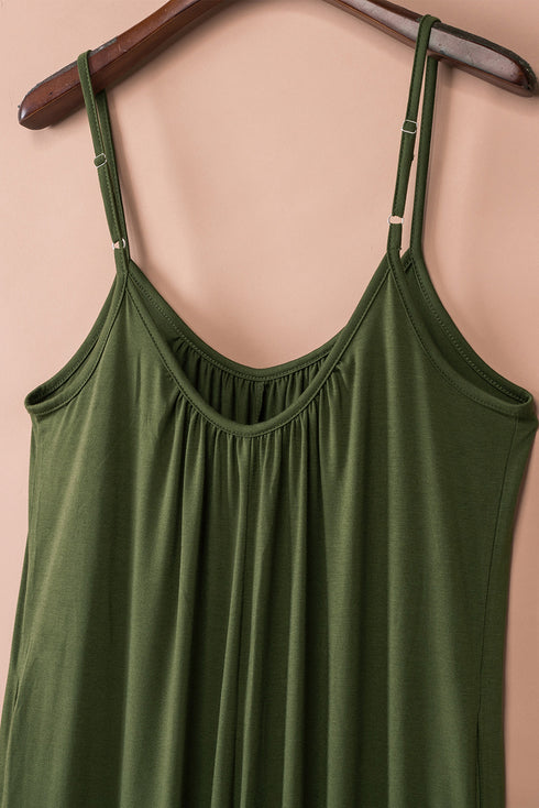 Green Spaghetti Straps Wide Leg Pocketed Jumpsuits