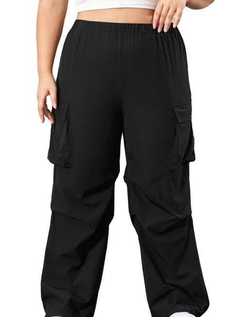 black-plus-size-flap-pocket-elastic-waist-cargo-pants