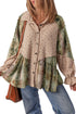 Mist Green Boho Floral Plaid Patchwork Distressed Detail Ruffled Sleeve Waffle Knit Shacket