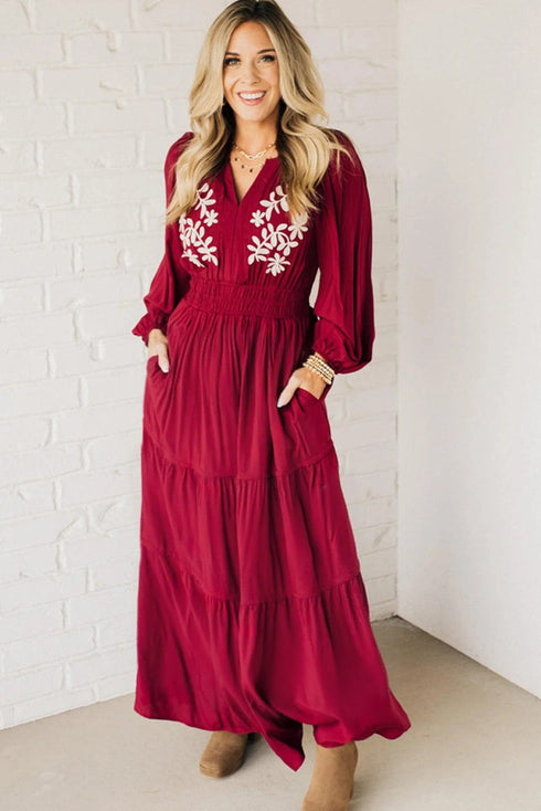 Racing Red Contrast Embroidered Detail V Neck Long Sleeve Maxi Dress