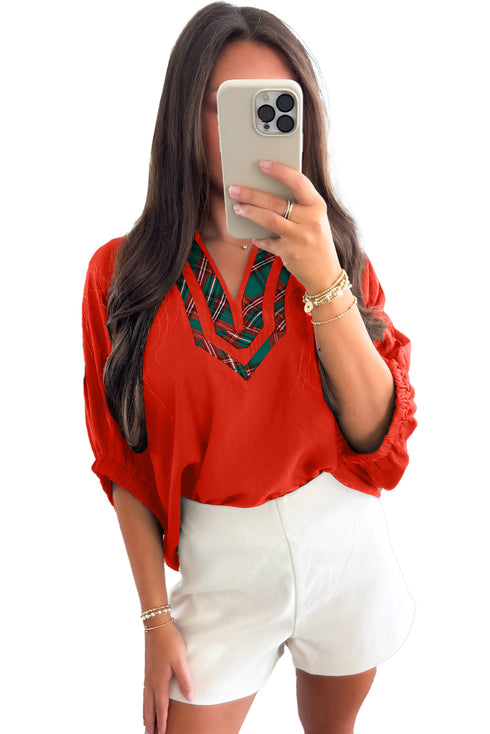 Fiery Red Contrast Plaid Patchwork V Neck Half Sleeve Blouse