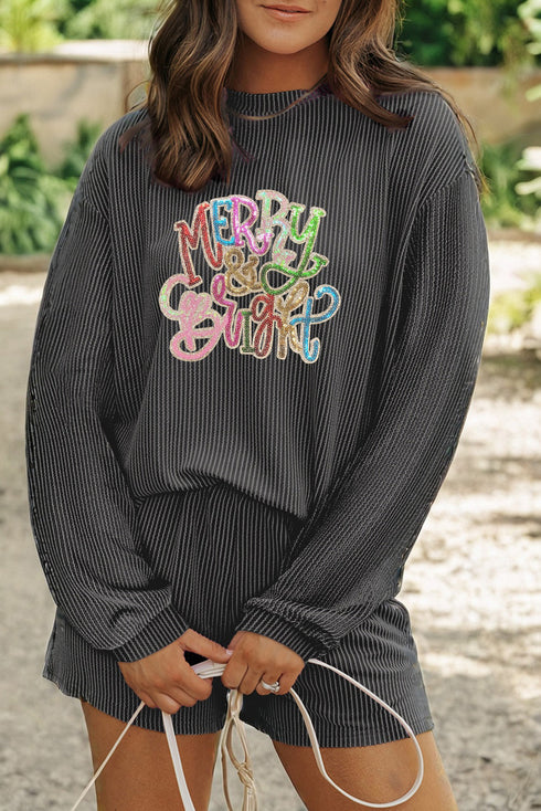 Carbon Grey Twisted Ribbed Merry & Bright Sequin Graphic Long Sleeve Top 2pcs Short Set