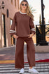 Chestnut Varsity Stripe Patchwork Puff Sleeve Pullover Drawstring Wide Leg Pant Set