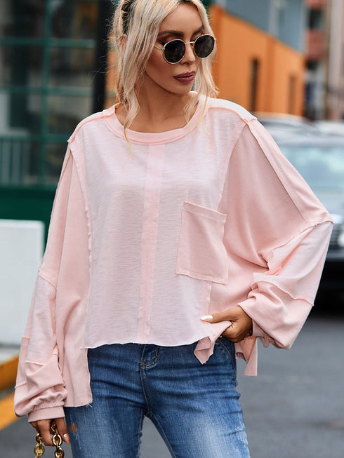pink-exposed-seam-chest-pocket-loose-sleeve-oversized-top