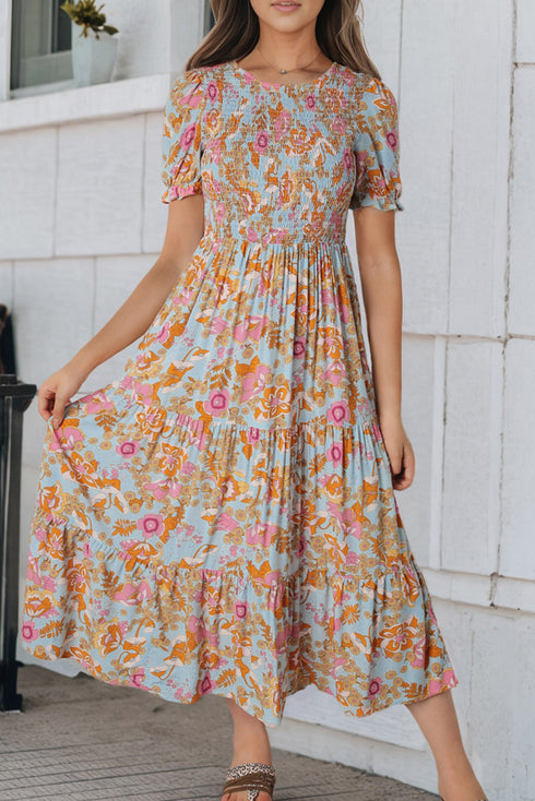 Sky Blue Floral Bubble Sleeve Smocked Flowy Ruffle Dress
