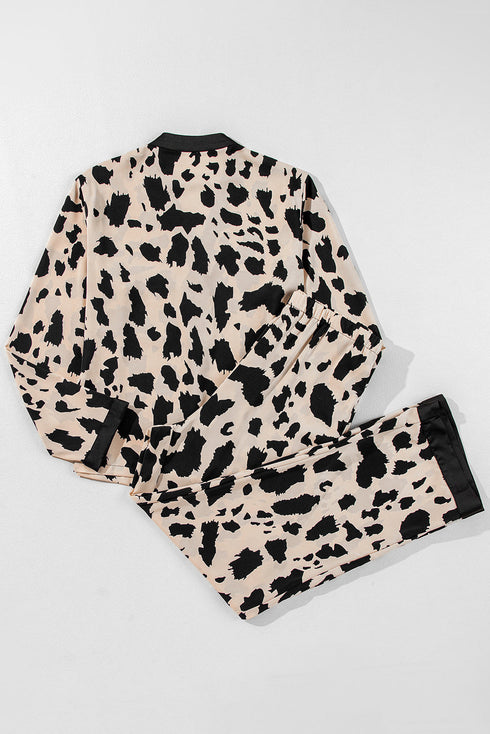 Khaki Cheetah Contrast Trim Loose Fit Two Piece Sleepwear