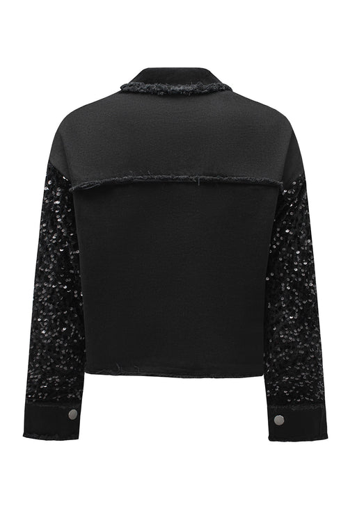 black-sequin-sleeve-pocketed-raw-hem-denim-jacket