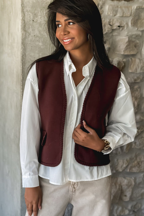 Coffee Braided Trim Open Front Vest