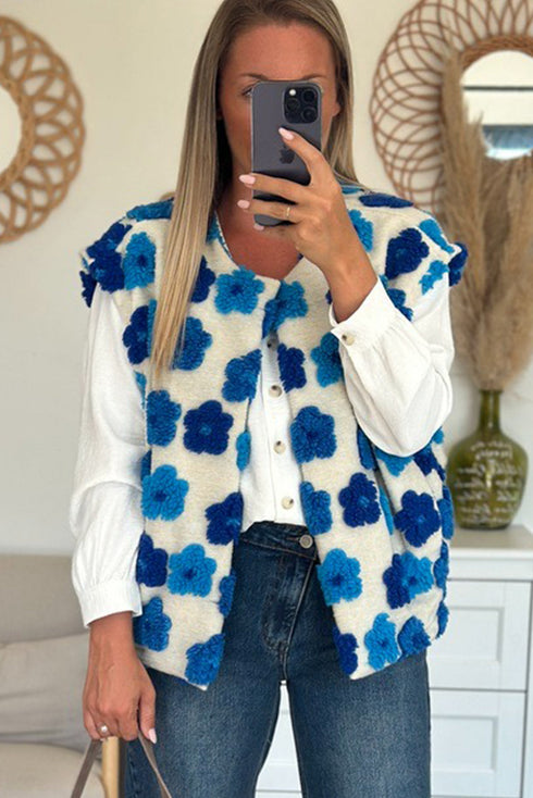 Sky Blue Plush Flower Embellishment Open Front Vest