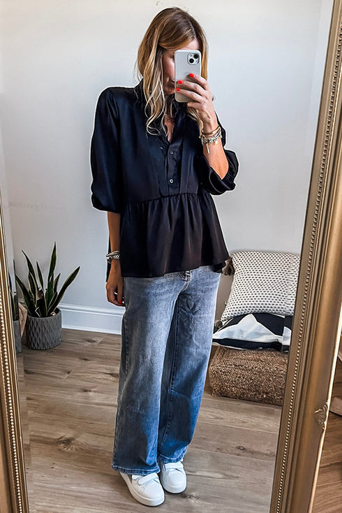 Black Satin Half Button Lace Insert Neckline 3/4 Sleeve Peplum Blouse