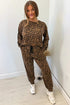 Brown Varsity Striped Trim Leopard Long Sleeve Top Drawstring Pant Set