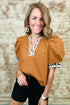 Buckskin Contrast Leopard Trim Split Neck Puff Sleeve Blouse