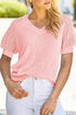 Apricot Pink Solid Color Knit Contrast Hollowed Short Sleeve V Neck Sweater