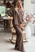Dark Khaki Braided Trim V Neck Oversize Top Drawstring Pants Loose 2pcs Outfit