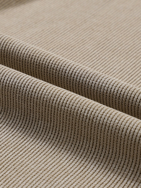 khaki-solid-ribbed-knit-round-neck-pullover-sweatshirt