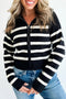 Black Stripe Ribbed Knit Zip Up Drop Shoulder Sweater Cardigan