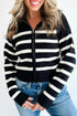 Black Stripe Ribbed Knit Zip Up Drop Shoulder Sweater Cardigan