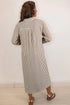 Brown Stripe Textured 3/4 Sleeve Round Hem Split Midi Shirt Dress