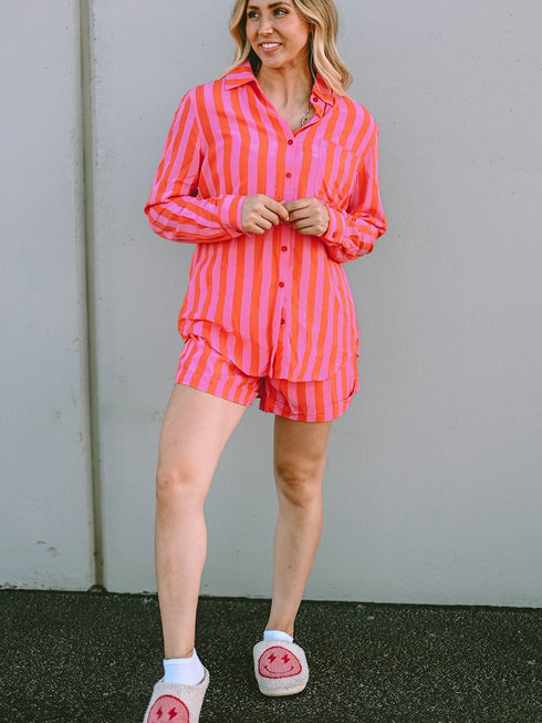 orange-striped-print-collared-neck-shirt-and-shorts-set