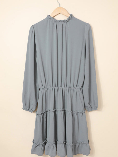 Gray V Neck Long Sleeve Ruffle Tiered Mini Dress