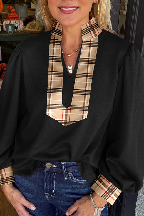 Black Contrast Plaid Patchwork V Neck Long Sleeve Blouse