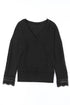Black Ribbed Texture Lace Trim V Neck Long Sleeve Top