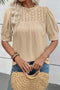 Parchment Textured Knit Eyelet Embroidered Patchwork Ruffled Neck Short Sleeve Blouse