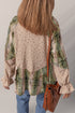 Mist Green Boho Floral Plaid Patchwork Distressed Detail Ruffled Sleeve Waffle Knit Shacket