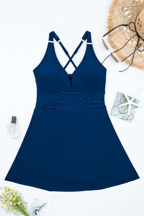 Sail Blue Solid Color Crossed Straps One Piece Swim Dress