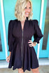 Black Smocked High Waist Long Sleeve V Neck Zip Up Mini Dress