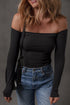 Black Solid Color Off-the-shoulder Long Sleeve T Shirt