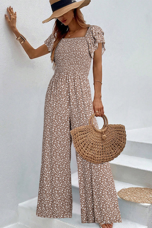 Brown Square Neck Ruffled Short Sleeve Wide Leg Floral Jumpsuit