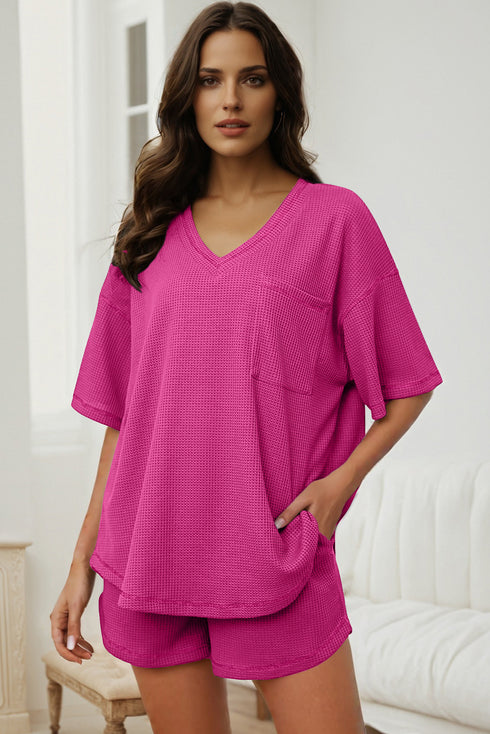 Rose Red Solid Color Waffled V Neck Loose Tee Drawstring Shorts Set