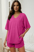 Rose Red Solid Color Waffled V Neck Loose Tee Drawstring Shorts Set