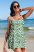 Green Floral Print Ricrac Trim Spaghetti Strap One Piece Swim Dress