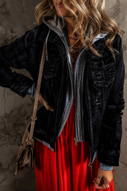 black-fake-two-piece-hooded-zip-up-denim-jacket
