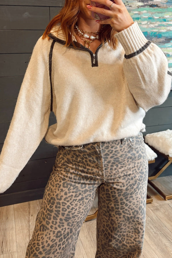 White Contrast Trim Ribbed Detail Quarter Zip Baggy Sweater