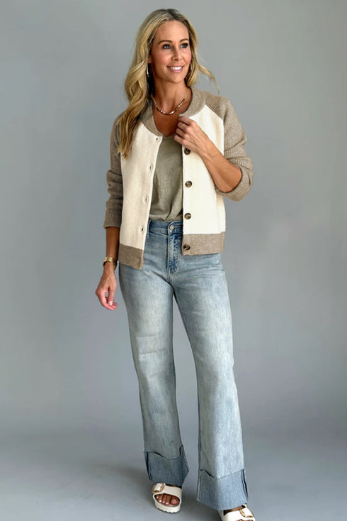 White Color Block Ribbed Knit Button Down Sweater Cardigan