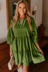 Jungle Green Contrast Stitched V Neck 3/4 Sleeve Tiered Mini Dress