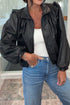 Black Collar Zip Up Puff Sleeve PU Leather Jacket